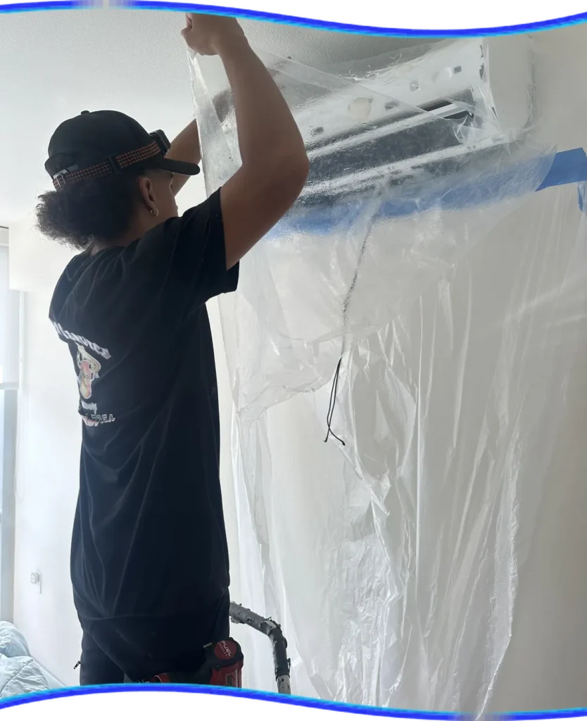 Kung Fu Air Service AC deep cleaning with protective covering