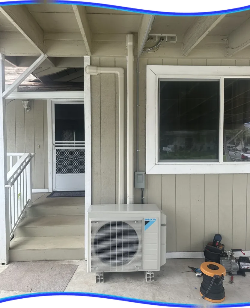 Kung Fu Air Service outdoor AC condenser unit installed beside a home