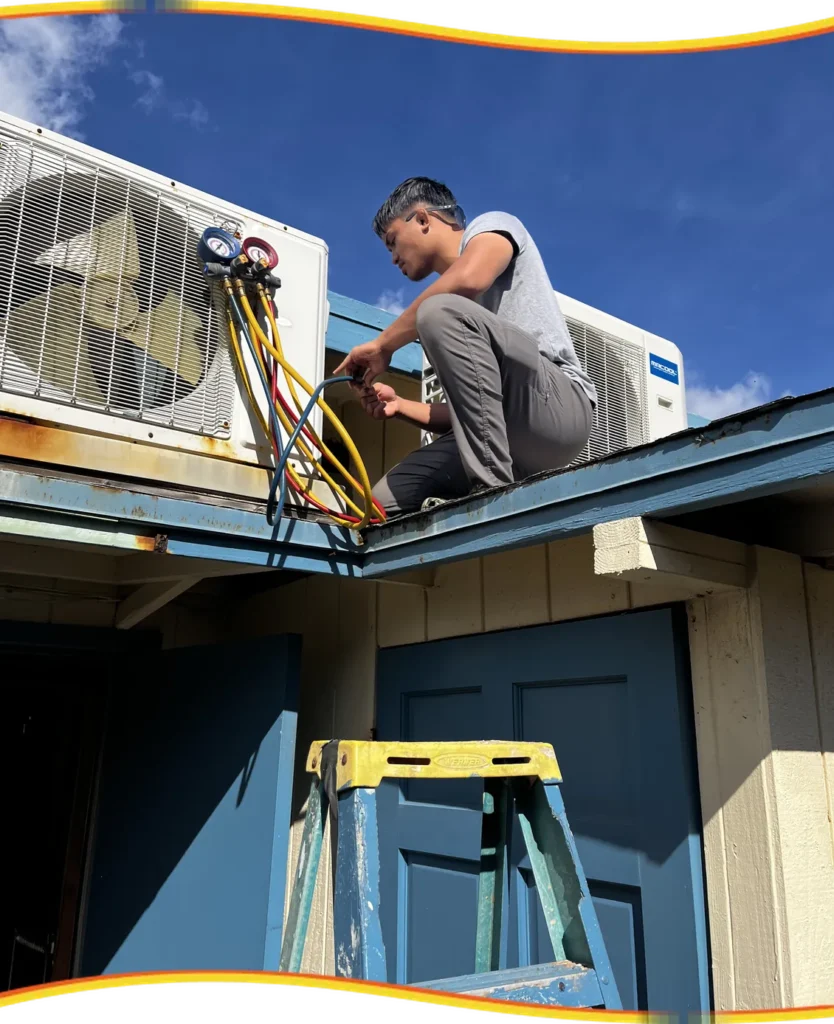 Kung Fu Air Service technician performing rooftop AC work