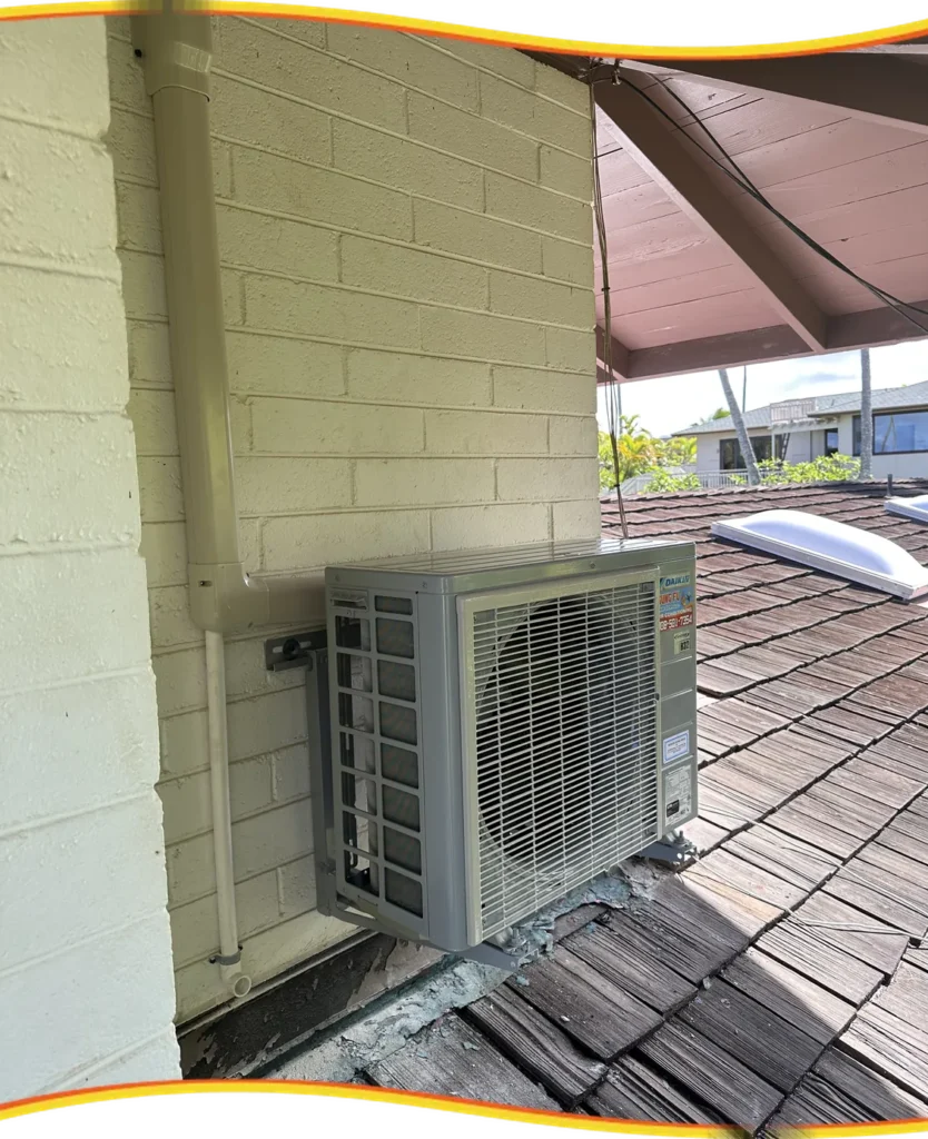 Kung Fu Air Service outdoor AC condenser unit on a deck