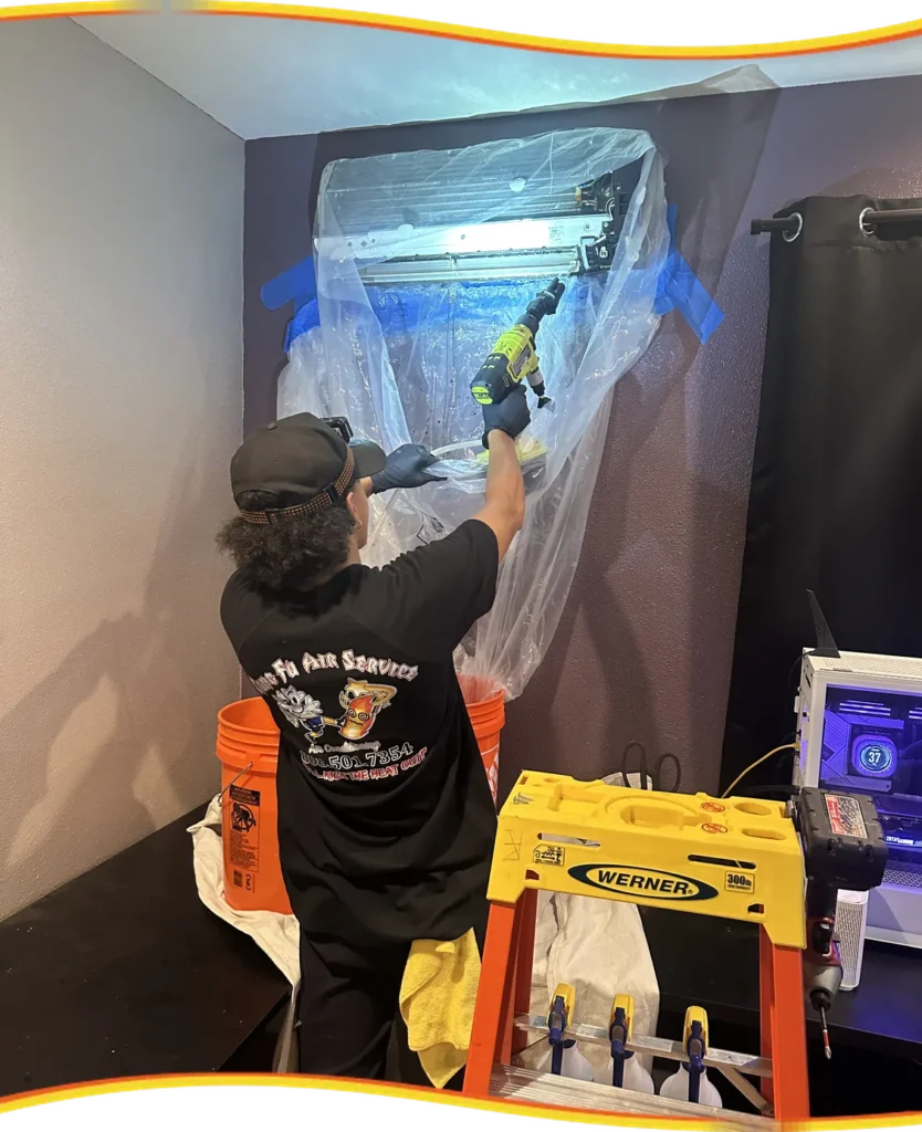Kung Fu Air Service AC deep cleaning with protective plastic covering