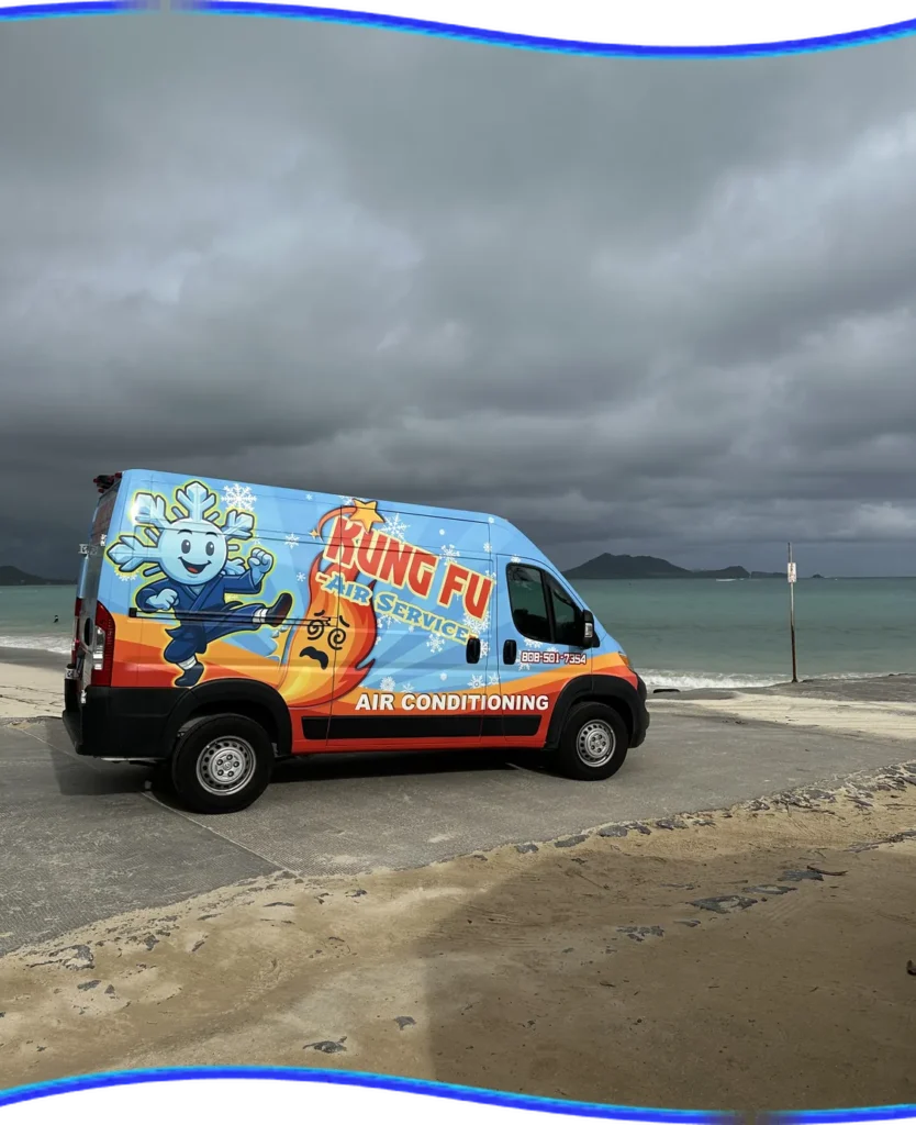 Kung Fu Air Service branded van at the beach on Oahu