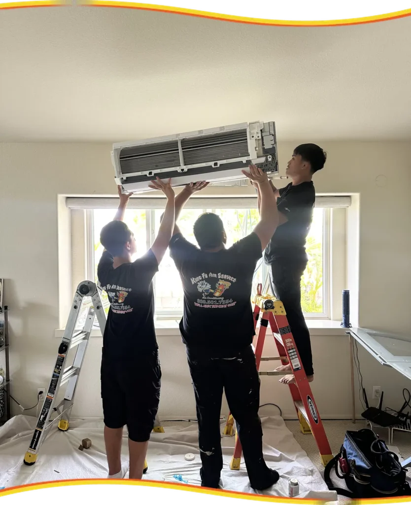 Kung Fu Air Service team installing a ductless mini-split indoor unit