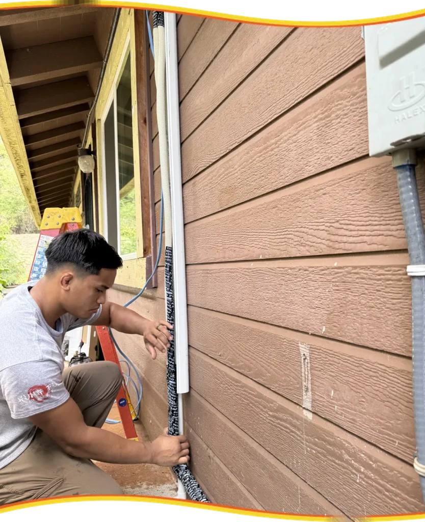 Kung Fu Air Service technician installing a mini-split line set on a home exterior