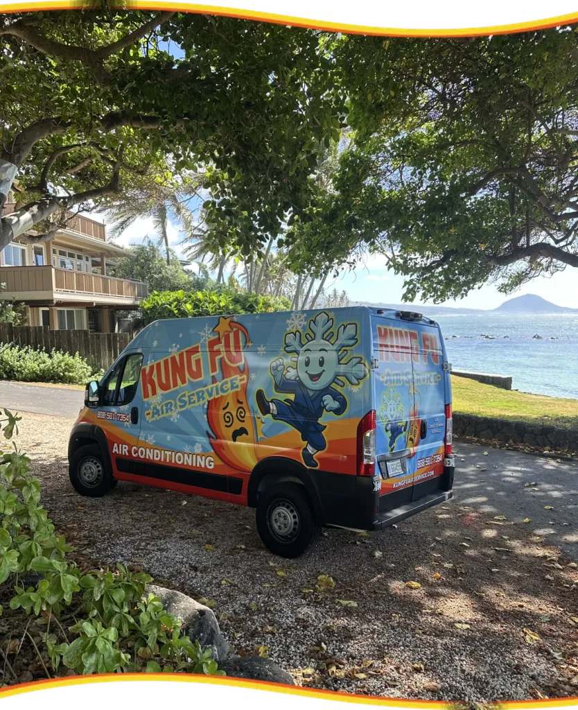 Kung Fu Air Service branded van at the beach in Kailua, Oahu